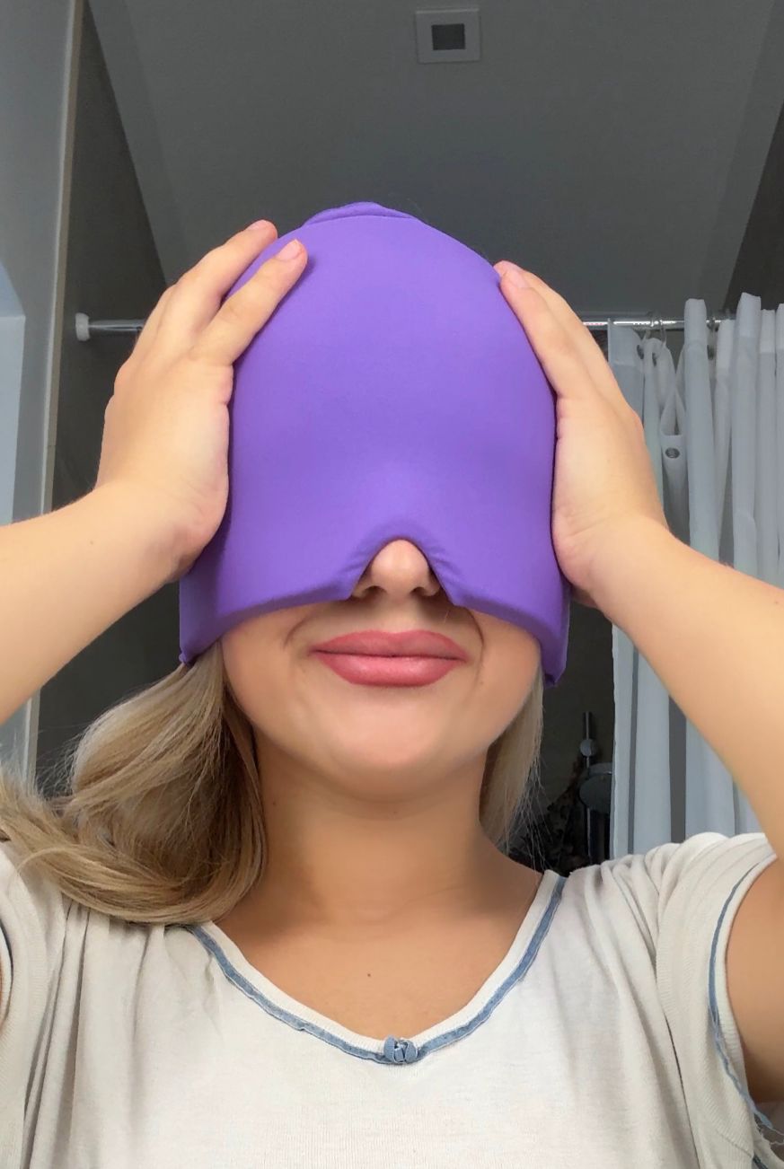 Purple migraine relief cap for hot and cold therapy – soothes headaches, facial pressure, and eye puffiness
