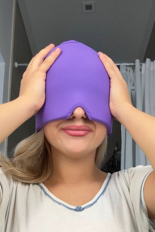 Purple migraine relief cap for hot and cold therapy – soothes headaches, facial pressure, and eye puffiness