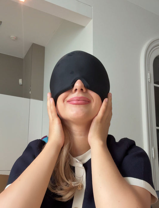 Stretchable black migraine cap for hot and cold therapy – relieves headaches, neck pain, and facial tension