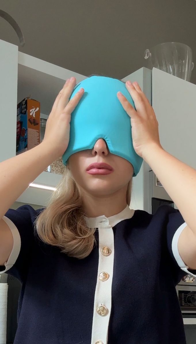 Blue migraine relief cap for hot and cold therapy – relieves headaches, neck pain, facial pressure, and eye puffiness